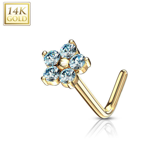 14 Karat Gold Nose Ring Stud 20 Gauge 1/4" L Bend with CZ Flower Top