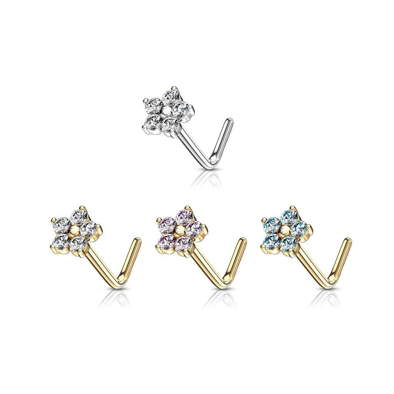 14 Karat Gold Nose Ring Stud 20 Gauge 1/4" L Bend with CZ Flower Top