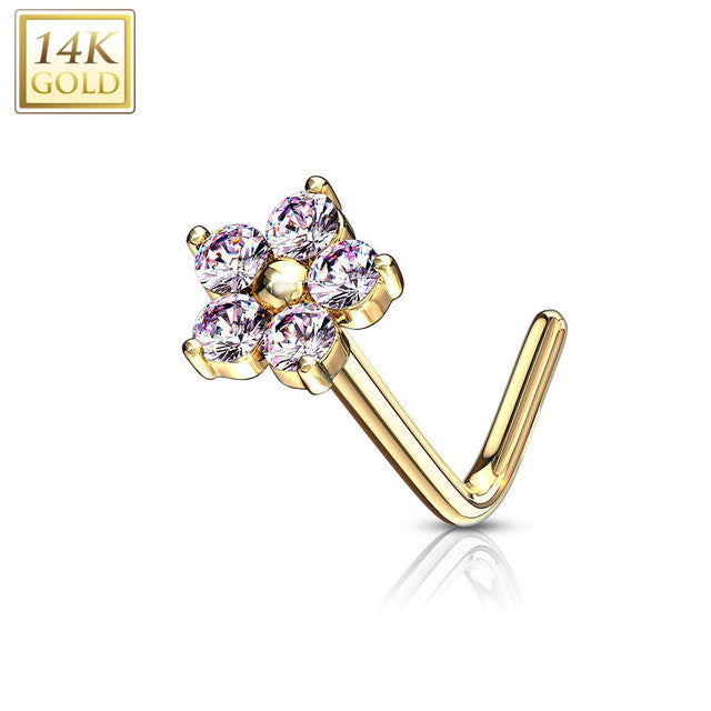 14 Karat Gold Nose Ring Stud 20 Gauge 1/4" L Bend with CZ Flower Top