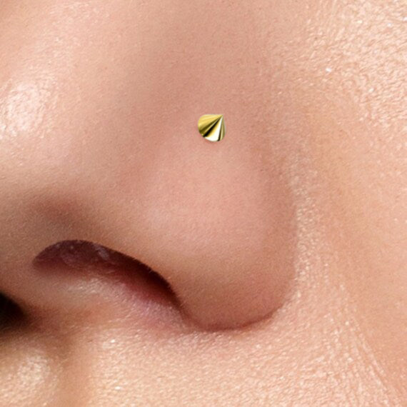 14 Karat Solid Gold Nose Stud Ring 20 Gauge 1/4" Bone & Spike Cone Top