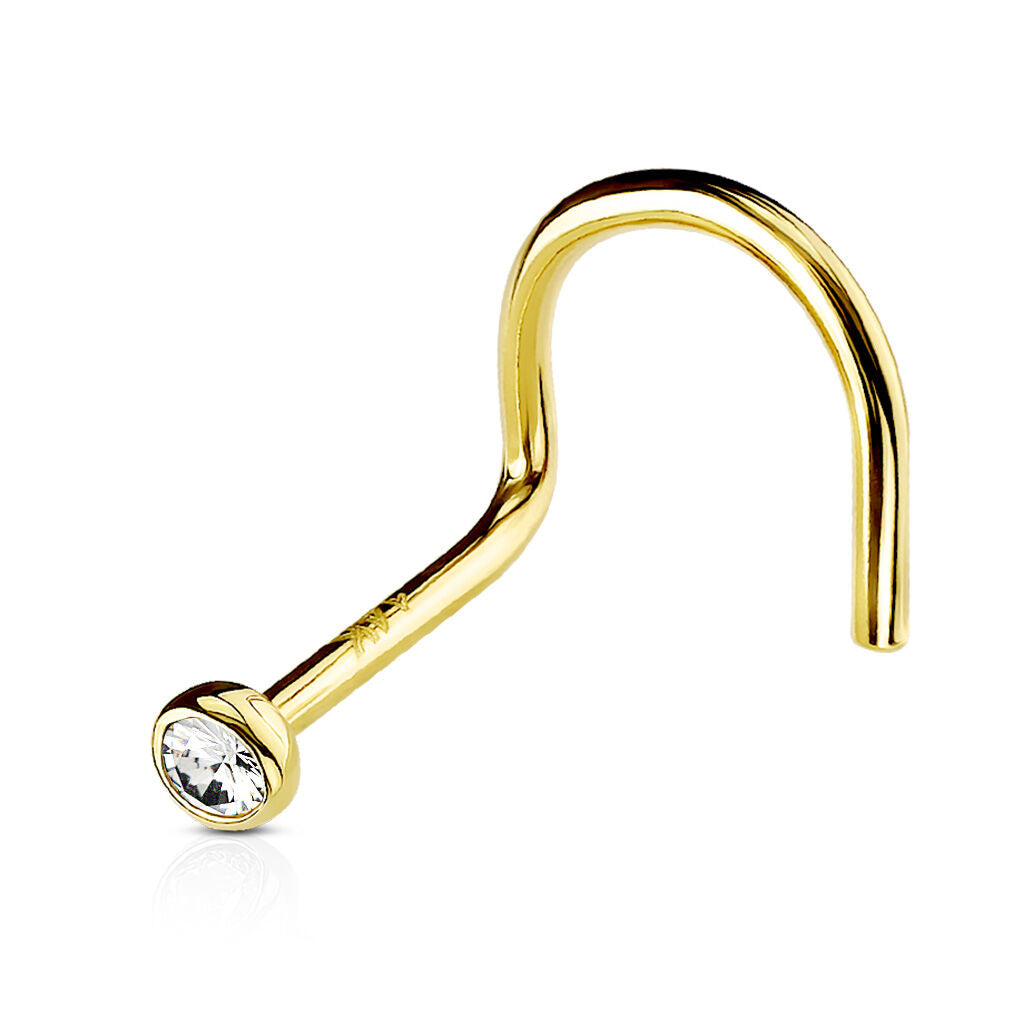 14 Karat Solid Gold Nose Ring Screw 20 or 18 Gauge 1/4" 6 MM & CZ Gem