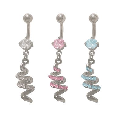 Surgical Steel 14 Gauge Belly Ring with Gem Paved Swirl Dangle