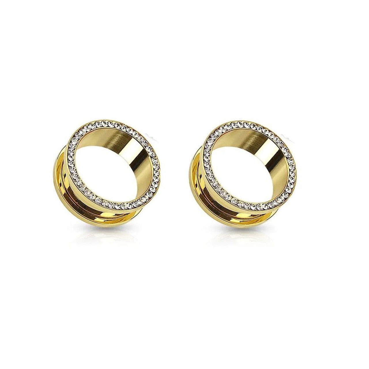 Double Flared Gold Screw Fit Plug Ear Tunnel & CZ 6 to 1" Gauge - Pair