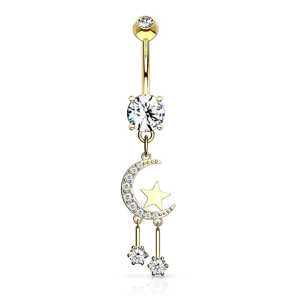 Surgical Steel Belly Ring 14 Gauge 3/8" With Crescent Moon & CZ Gems