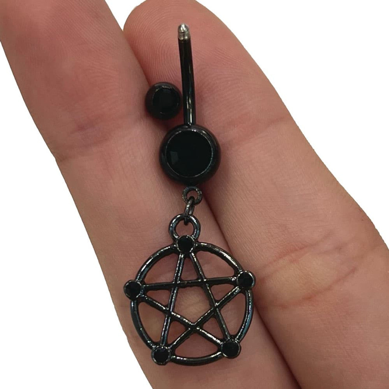 Surgical Steel Belly Button Ring 14 Gauge With Black Gem & Pentacle