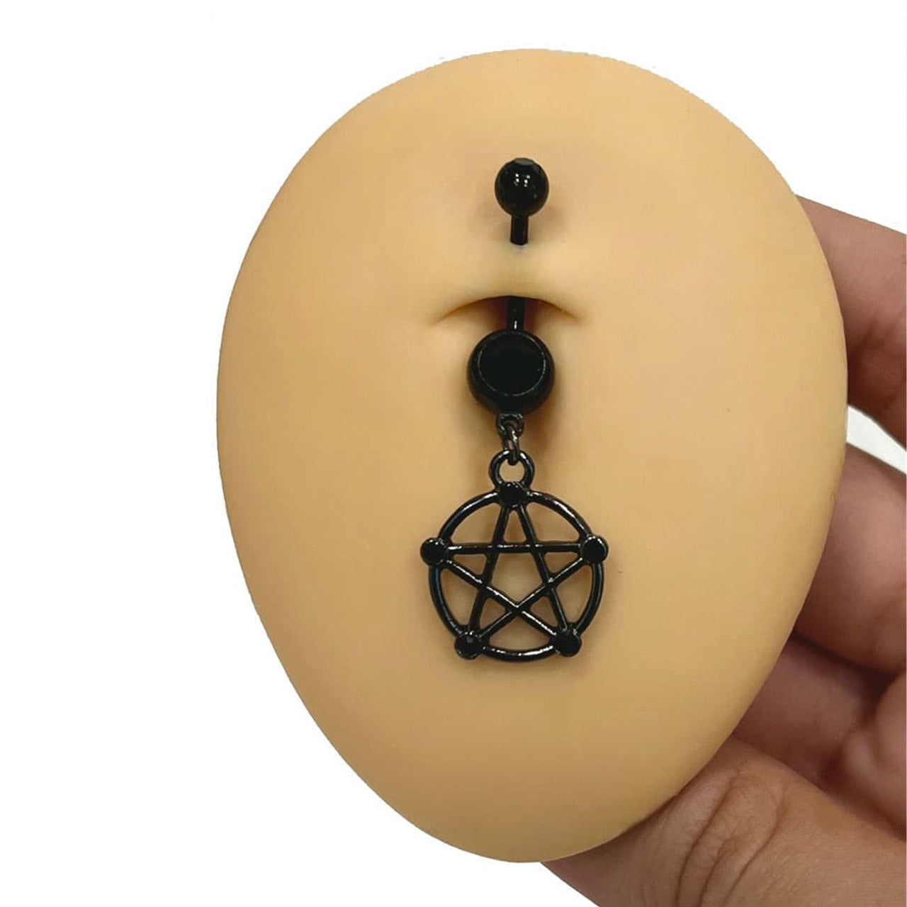 Surgical Steel Belly Button Ring 14 Gauge With Black Gem & Pentacle