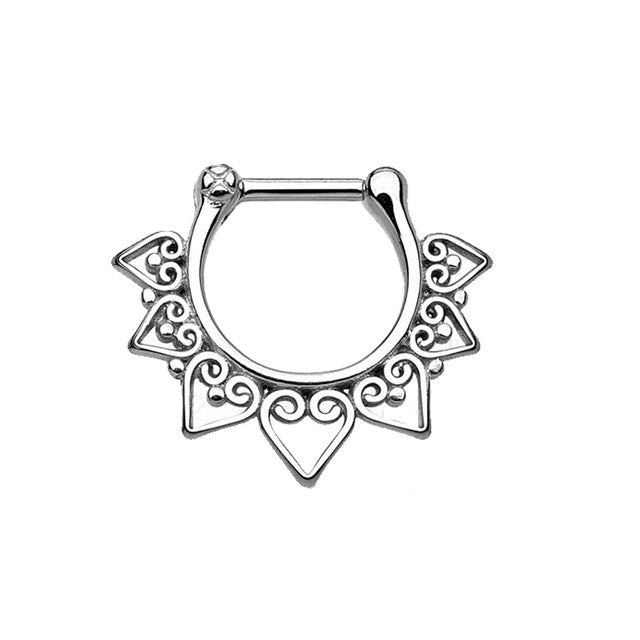 Surgical Steel Septum Clicker Ring 16 Gauge With Heart Tribal Fan