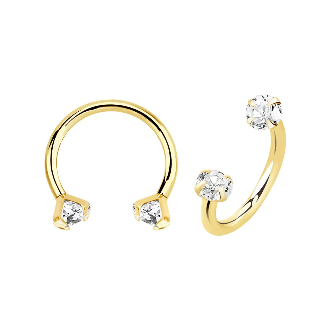 14 Karat Gold Horseshoe Circular Barbell Ring 16 Gauge & Prong Set Gem