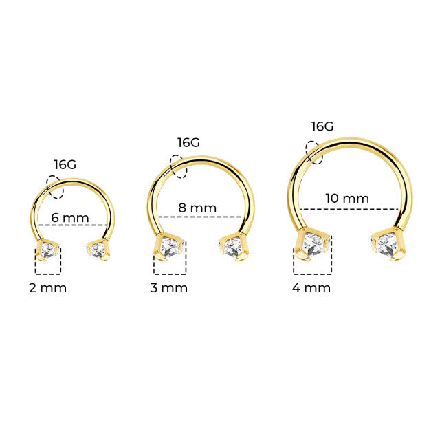 14 Karat Gold Horseshoe Circular Barbell Ring 16 Gauge & Prong Set Gem