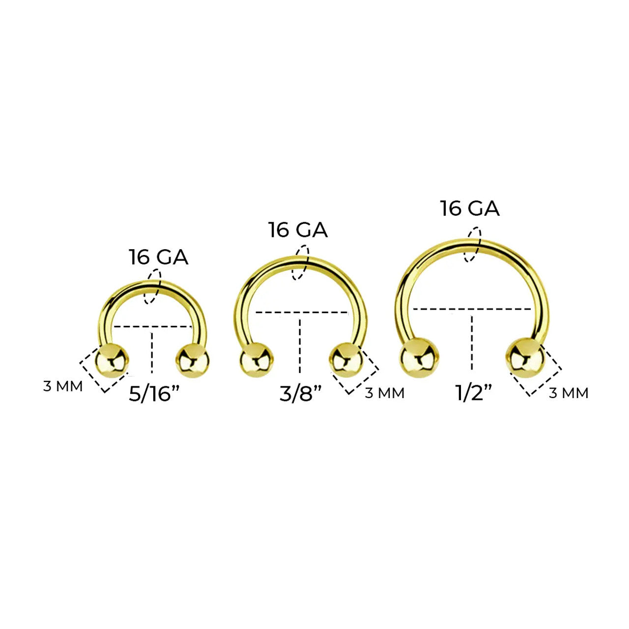 14 Karat Gold Horseshoe Circular Barbell Ring 16 Gauge Threadless
