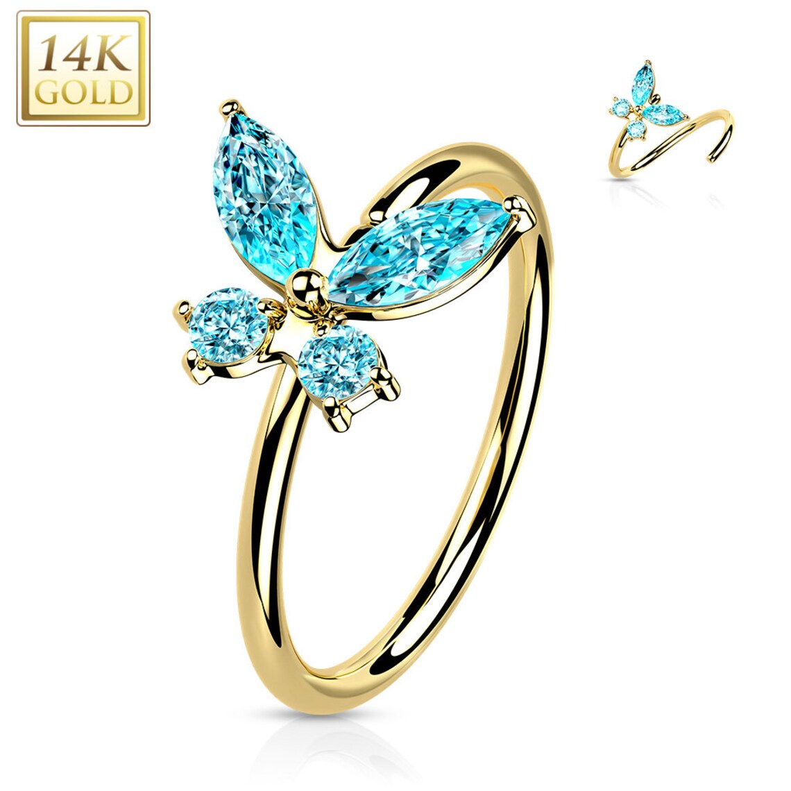 14 Karat Solid Gold Nose Ring 20 Gauge Bendable Hoop with Butterfly