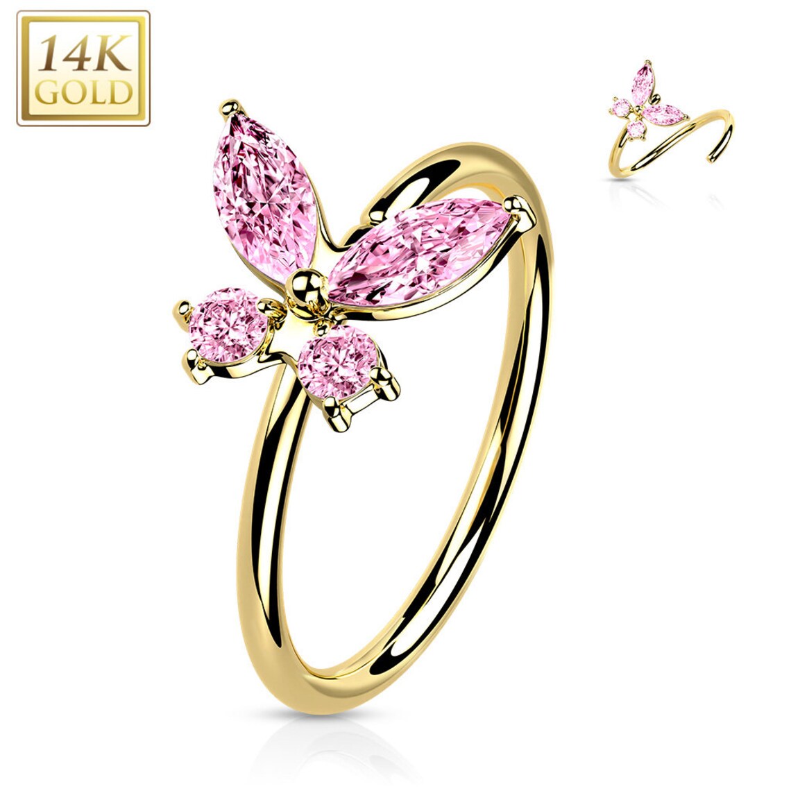 14 Karat Solid Gold Nose Ring 20 Gauge Bendable Hoop with Butterfly
