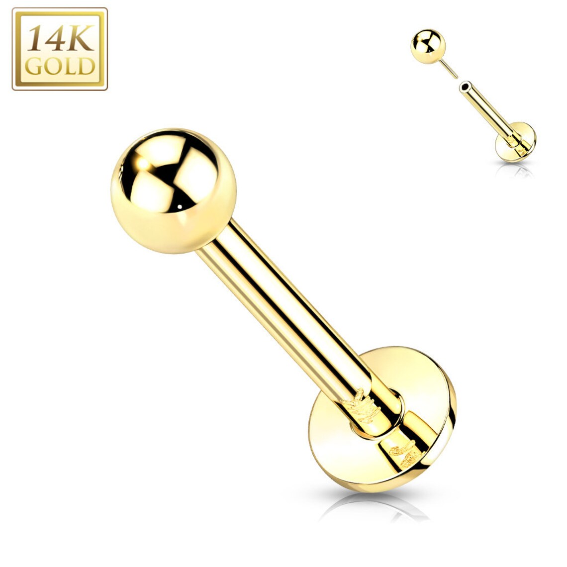 14 Karat Solid Gold Labret / Monroe Stud 16 Gauge Threadless 3 MM Ball