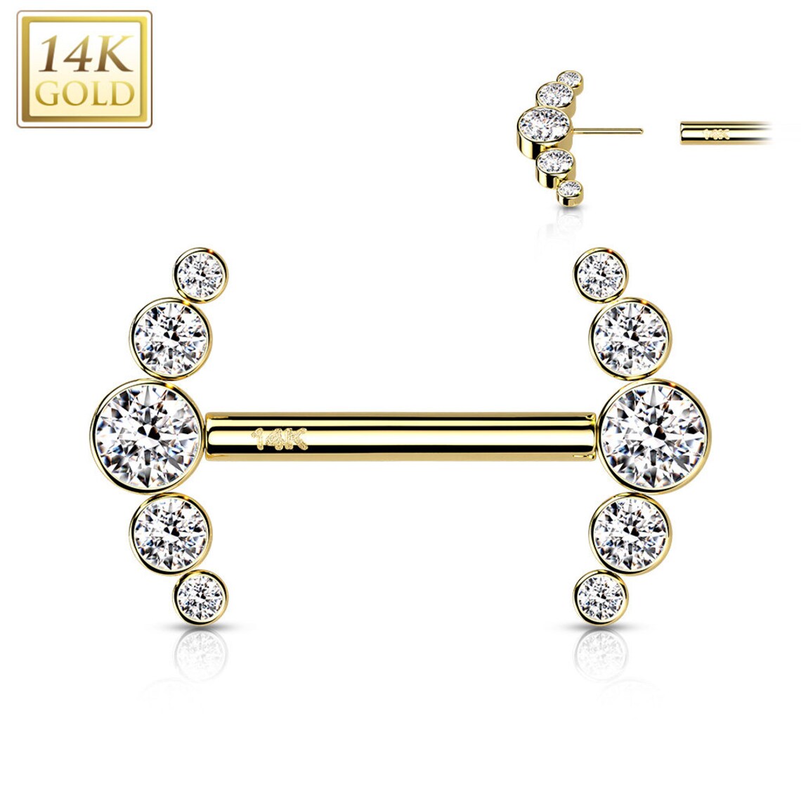 14 Karat Solid Gold Nipple Ring Barbell 14 Gauge & Curved 5 Round CZ