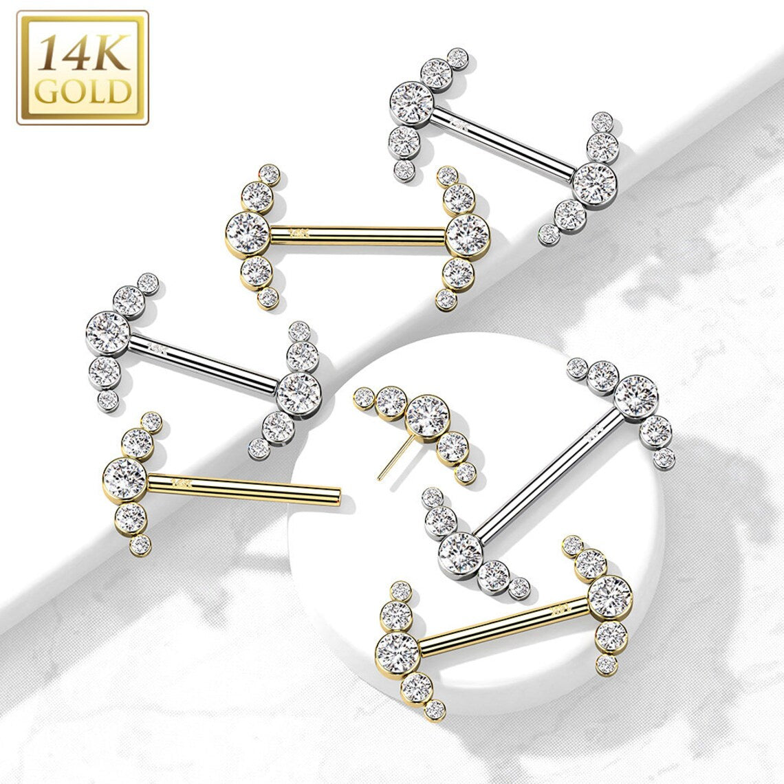 14 Karat Solid Gold Nipple Ring Barbell 14 Gauge & Curved 5 Round CZ