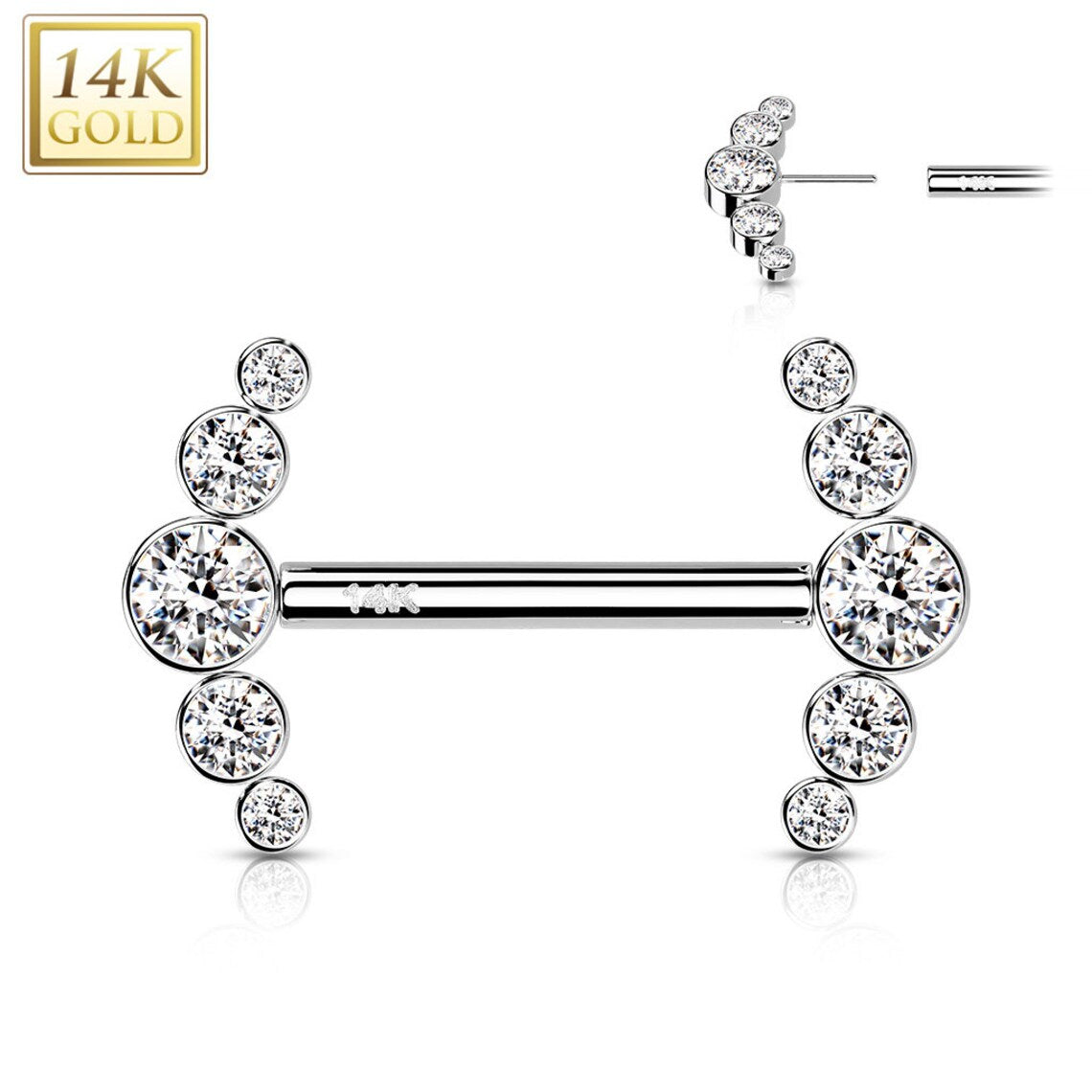 14 Karat Solid Gold Nipple Ring Barbell 14 Gauge & Curved 5 Round CZ