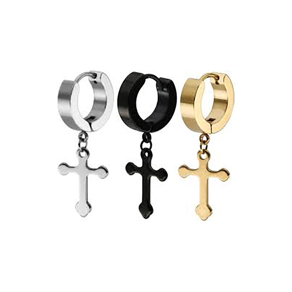 Stainless Steel Hinged Hoop Earrings 18 Gauge & Cross Dangle - Pair