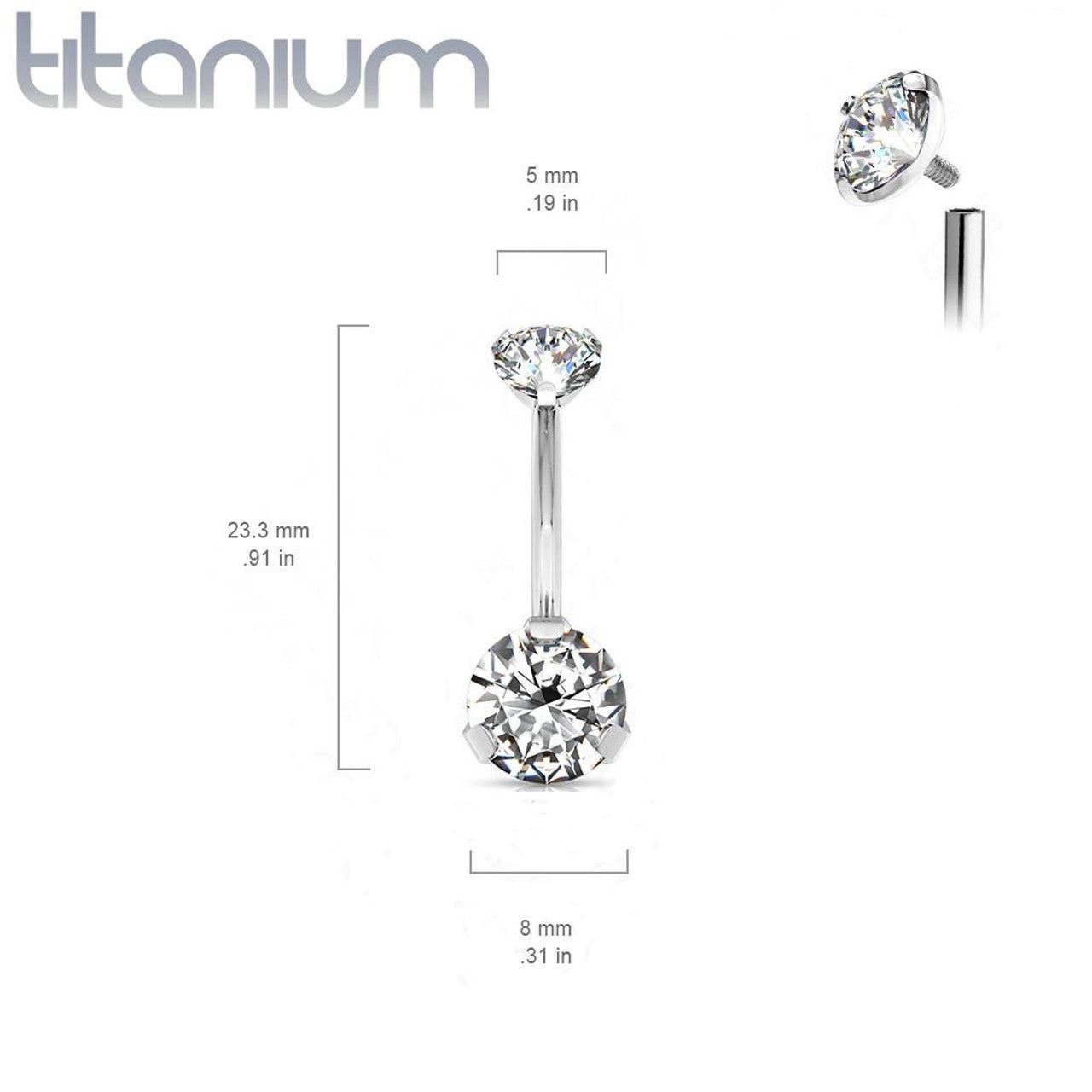 Titanium Belly Ring Curved Barbell 14 Gauge Internally Threaded Gem
