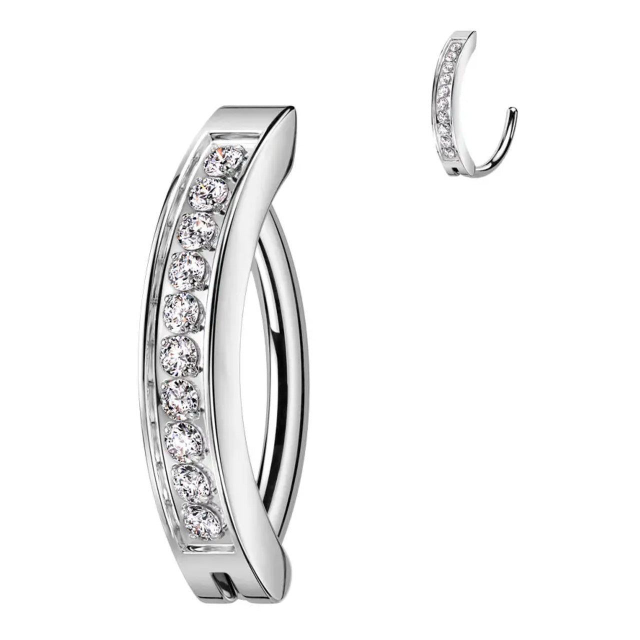 Titanium Belly Ring Hinged Hoop Clicker 14 Gauge with CNC Set CZ Gems