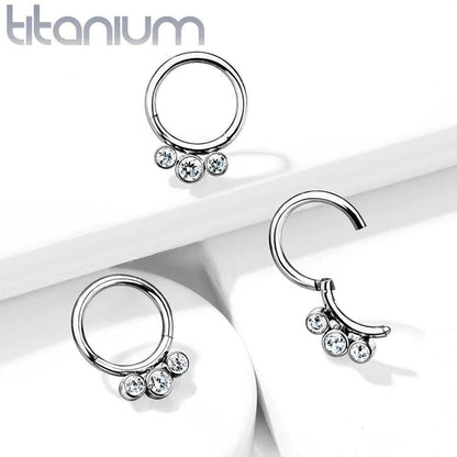 Titanium Hinged Segment Hoop Septum Ring 16 Gauge With 3 Forward Gems