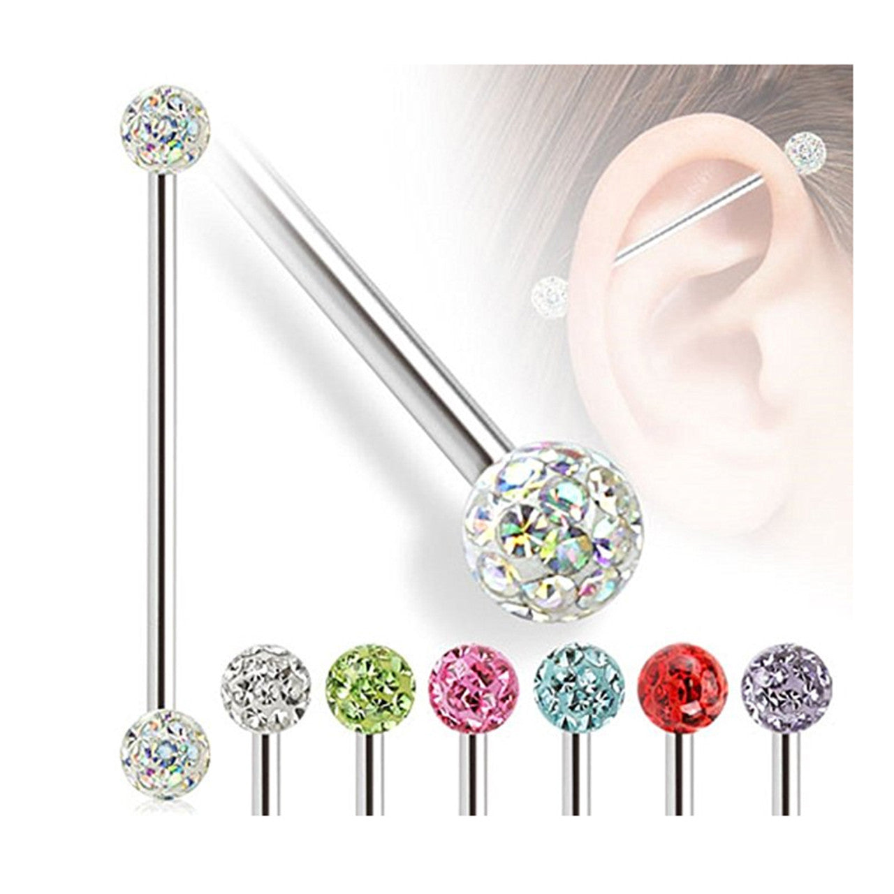 Surgical Steel Industrial Barbell 14 Gauge & Clear Epoxy Ferido Ball