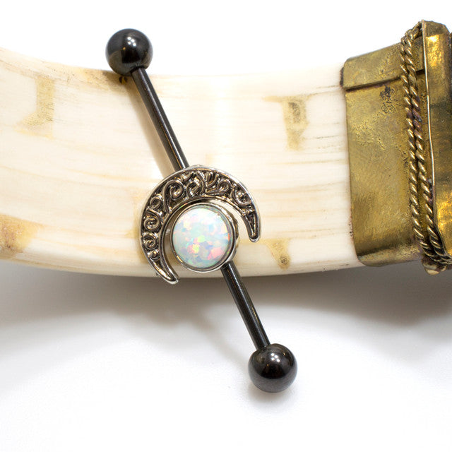 Surgical Steel Industrial Barbell 14 Gauge 38 MM & Crescent Moon Opal