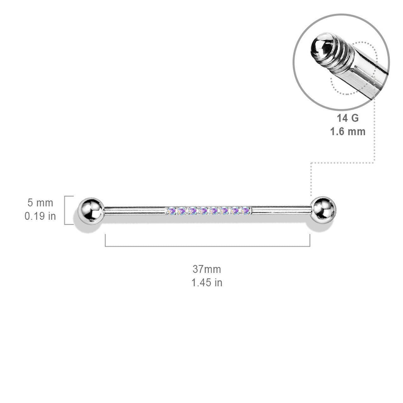 Surgical Steel Industrial Barbell 14 Gauge 1-1/2" & CNC Set CZ