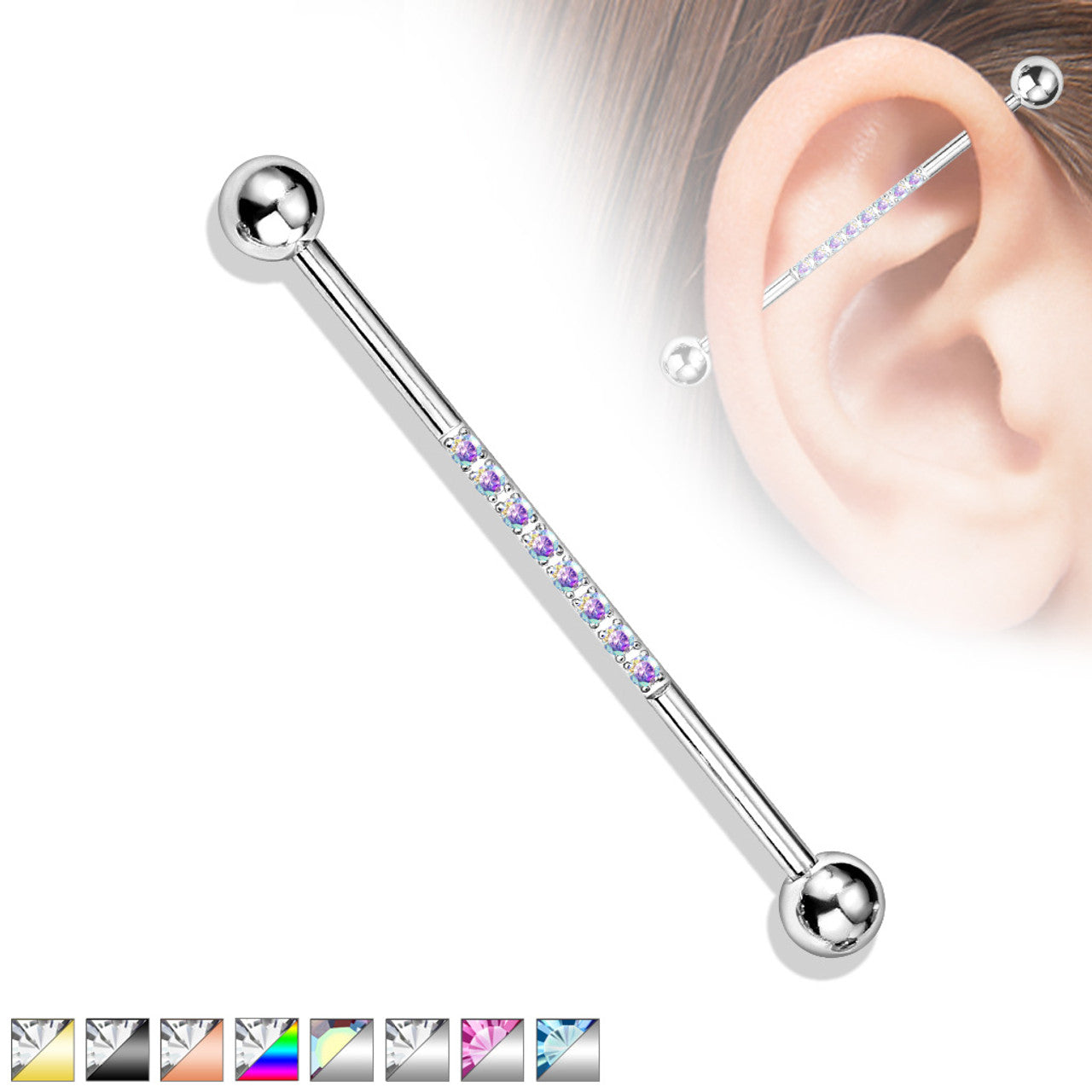 Surgical Steel Industrial Barbell 14 Gauge 1-1/2" & CNC Set CZ
