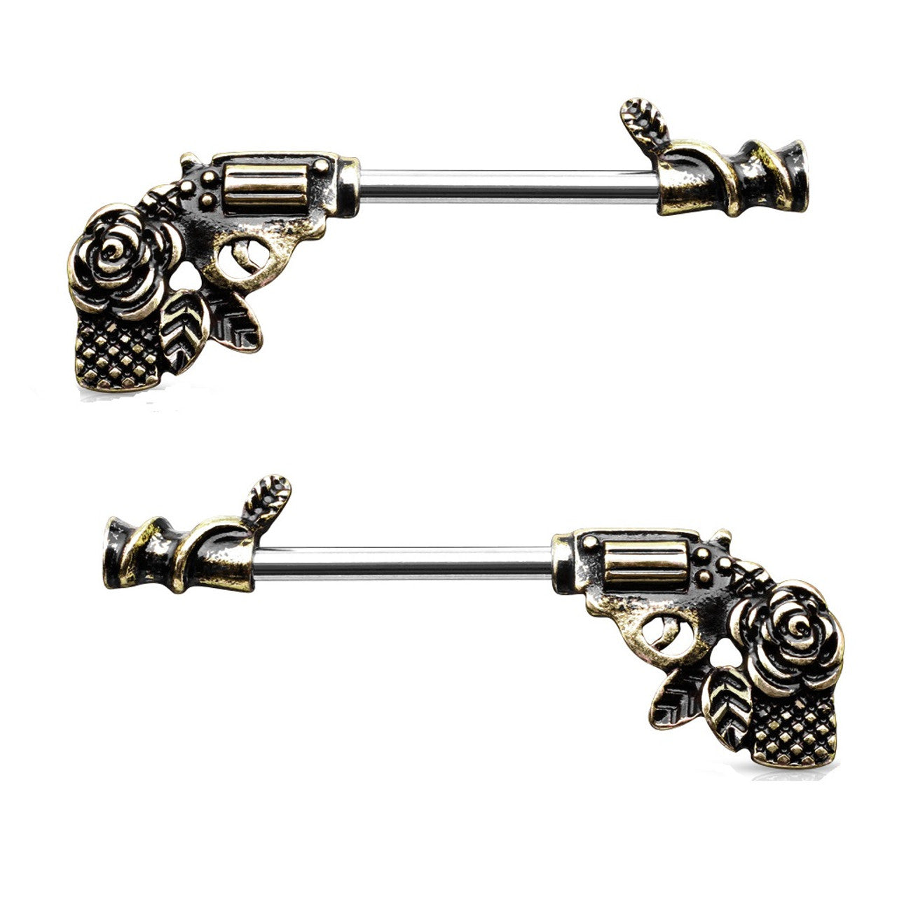 Surgical Steel Barbell Nipple Ring 14 Gauge with Rose Revolver - Pair