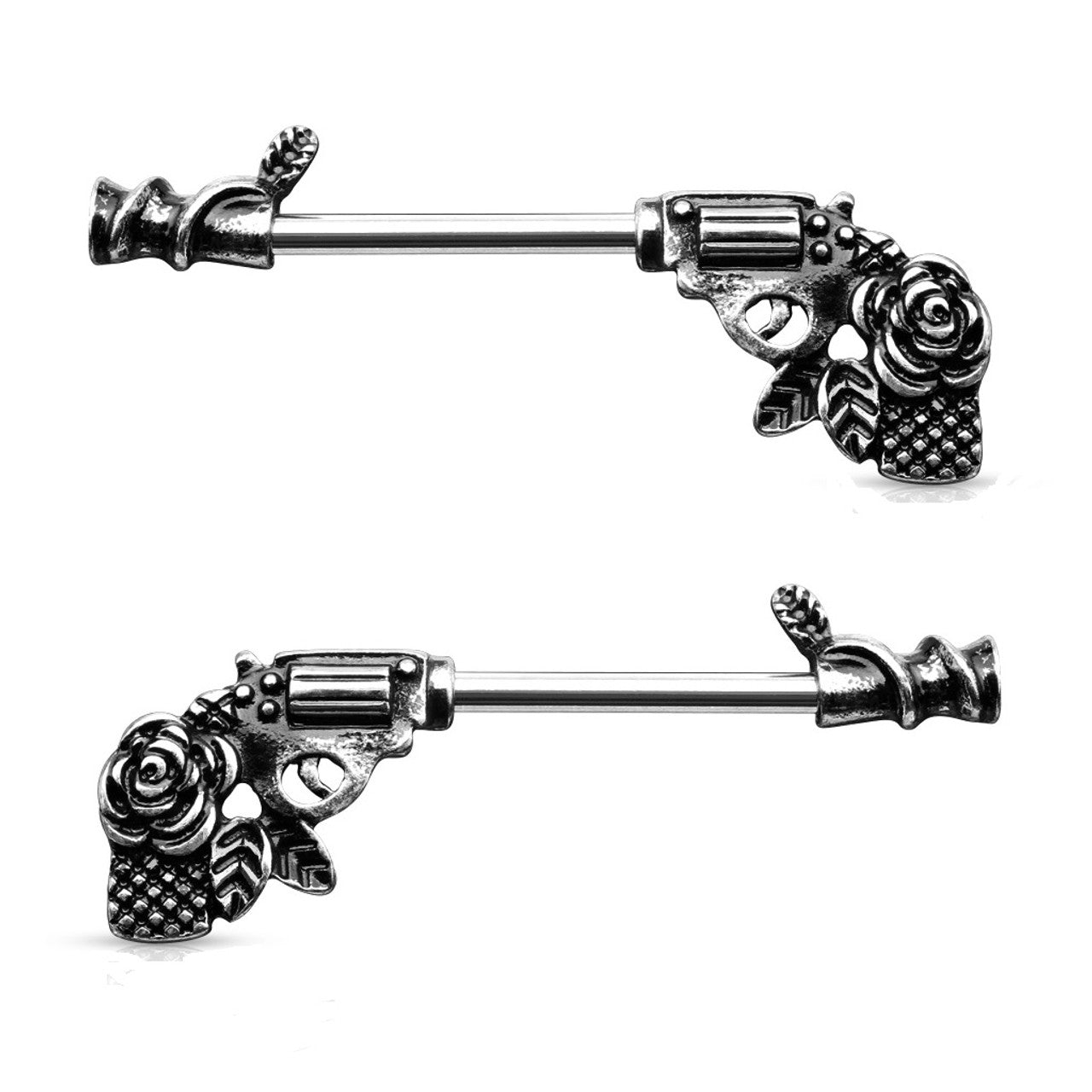Surgical Steel Barbell Nipple Ring 14 Gauge with Rose Revolver - Pair