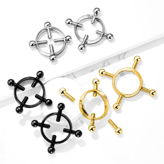 Surgical Steel Non- Adjustable Nipple Ring Clamp & 4 Screws - Pair