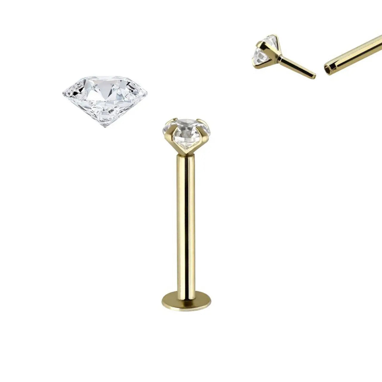 14 Karat Solid Gold Labret / Monroe Stud 18 & 16 Gauge - 2 MM CZ Gem