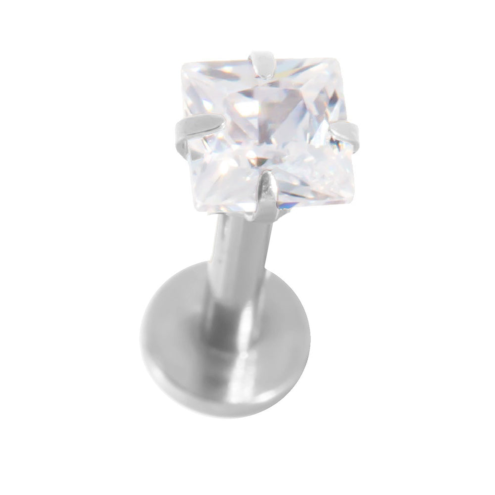 Surgical Steel Labret Stud 16 Gauge 8mm with Square Clear CZ