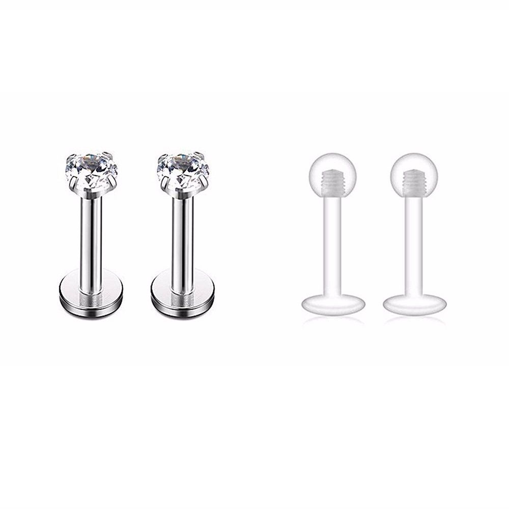 Surgical Steel 16 Gauge Labret Monroe Set with Clear CZ - 4 Pack