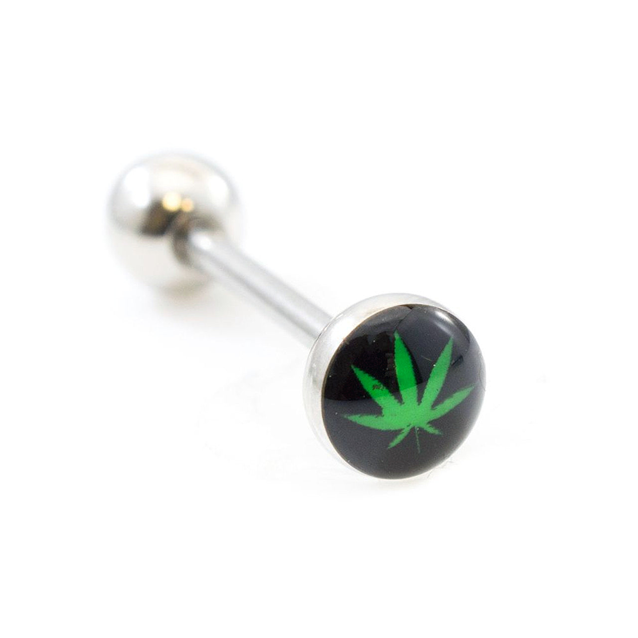 Surgical Steel Tongue Ring Straight Barbell 14 Gauge & Marijuana Leaf