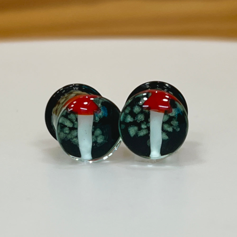 Pyrex Glass 2 to 5/8 Inch Plugs with Glow In Dark Mushrooms - Pair - photo 4