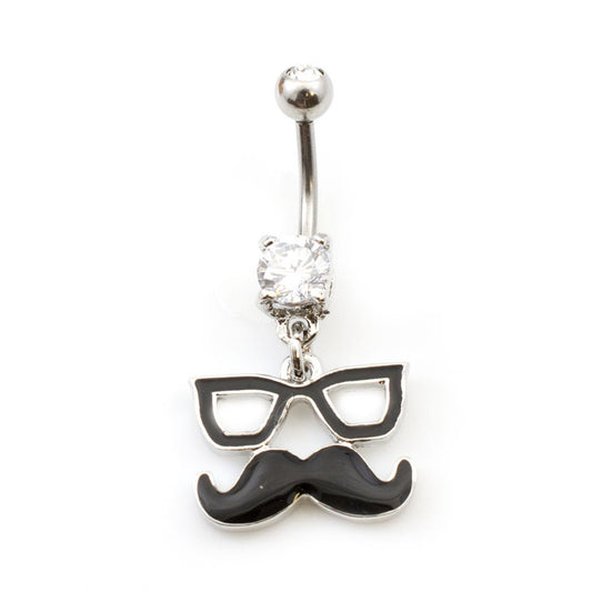 Surgical Steel Belly Button Ring 14 Gauge & CZ Glasses Mustache Dangle