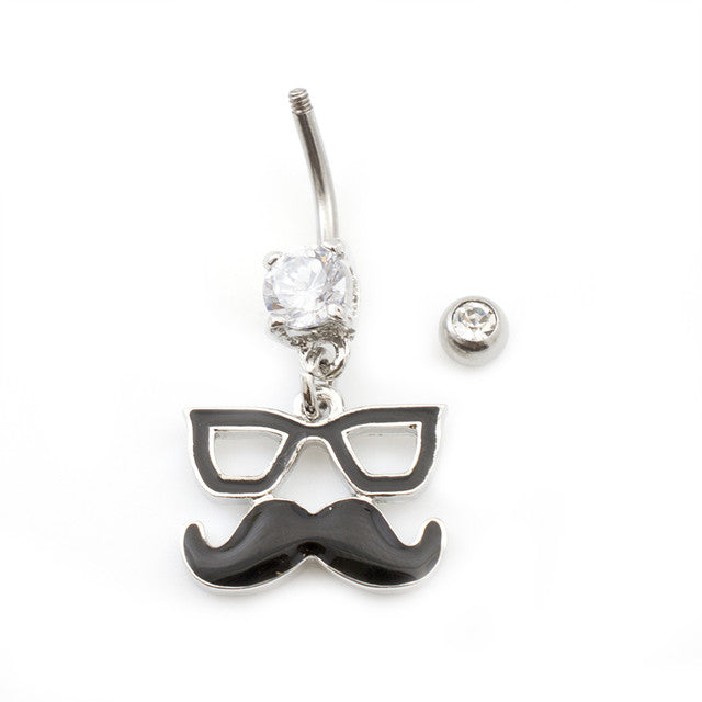 Surgical Steel Belly Button Ring 14 Gauge & CZ Glasses Mustache Dangle