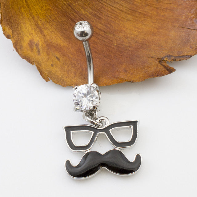 Surgical Steel Belly Button Ring 14 Gauge & CZ Glasses Mustache Dangle