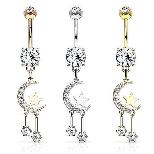 Surgical Steel Belly Ring 14 Gauge 3/8" With Crescent Moon & CZ Gems