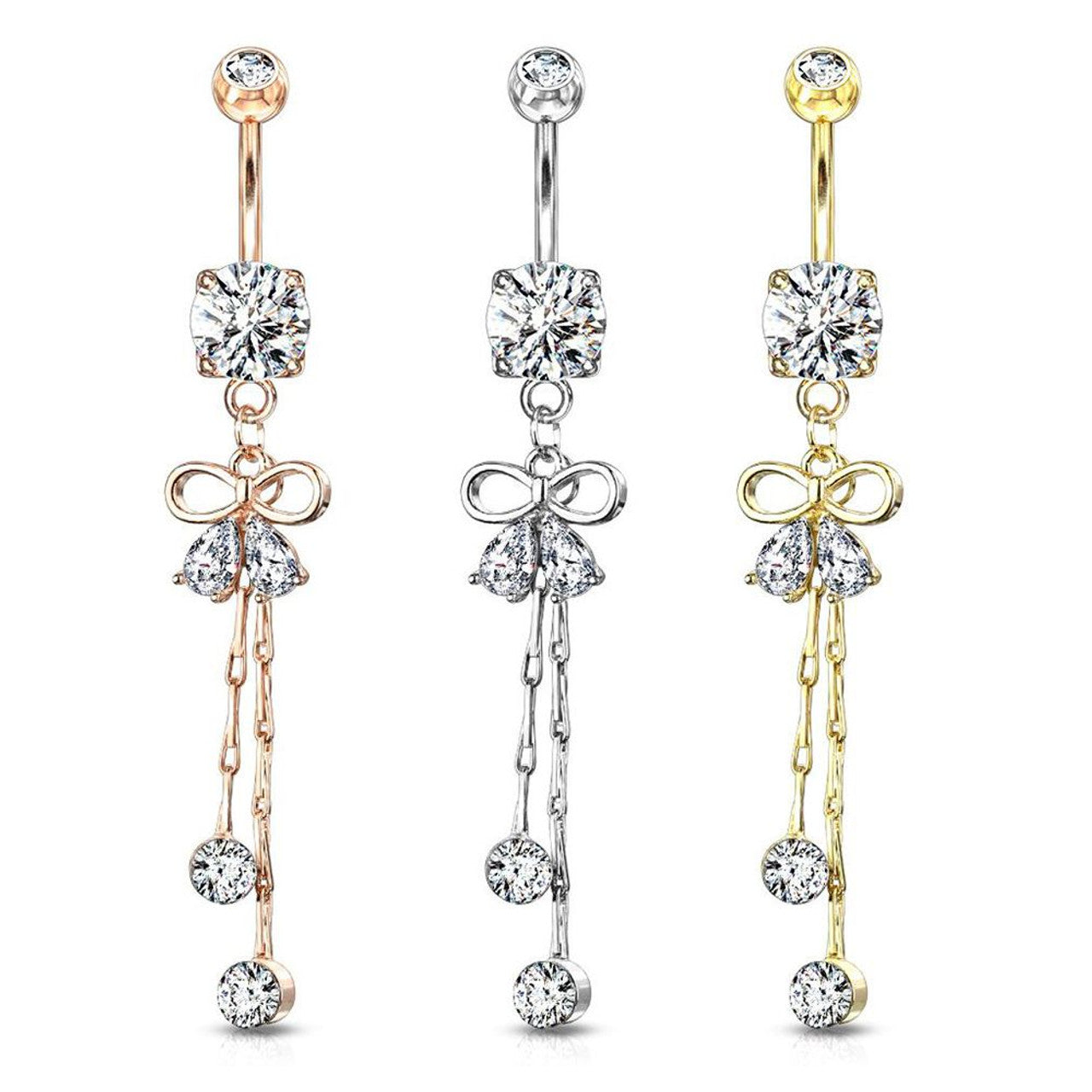 Surgical Steel Belly Button Ring 14 Gauge Ribbon & Gem Chain Dangle