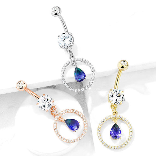 Surgical Steel Belly Button Ring 14 Gauge & Two Tone Gem Circle Dangle