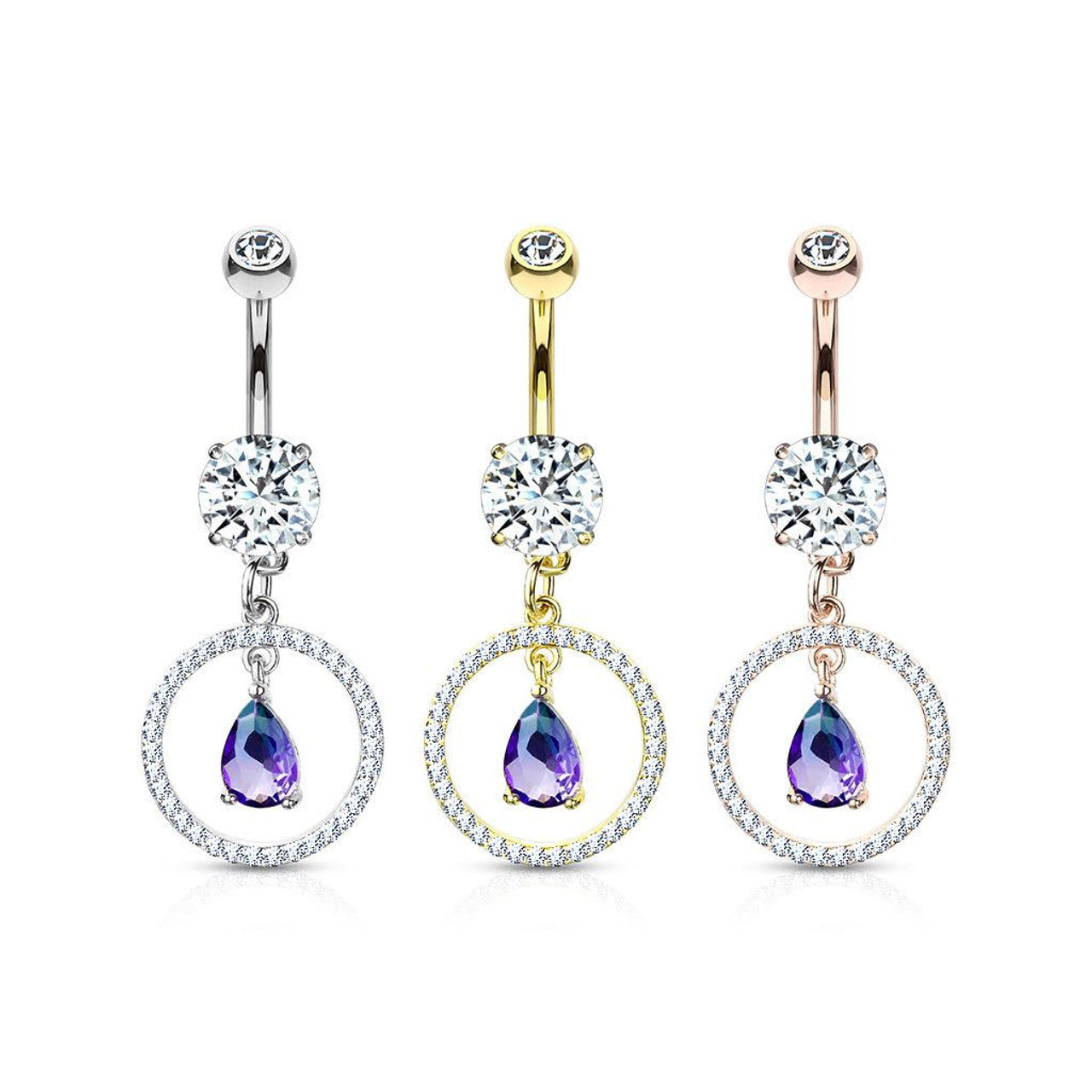 Surgical Steel Belly Button Ring 14 Gauge & Two Tone Gem Circle Dangle