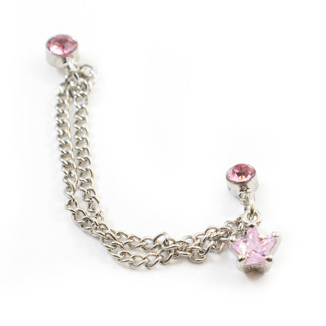 Surgical Steel Cartilage Chain Dangle Earring 22 Gauge & Pink Star