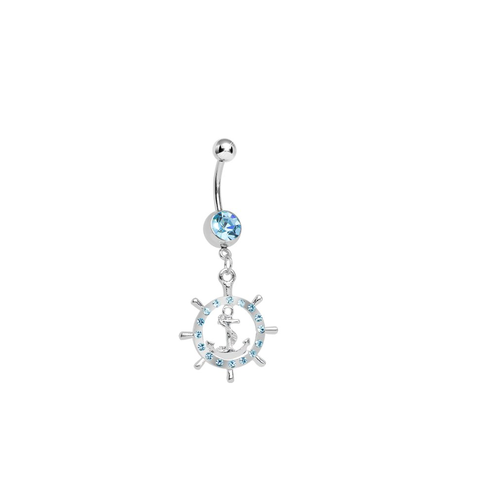 Surgical Steel Ship Wheel Belly Ring 14 Gauge 11mm with Blue CZ