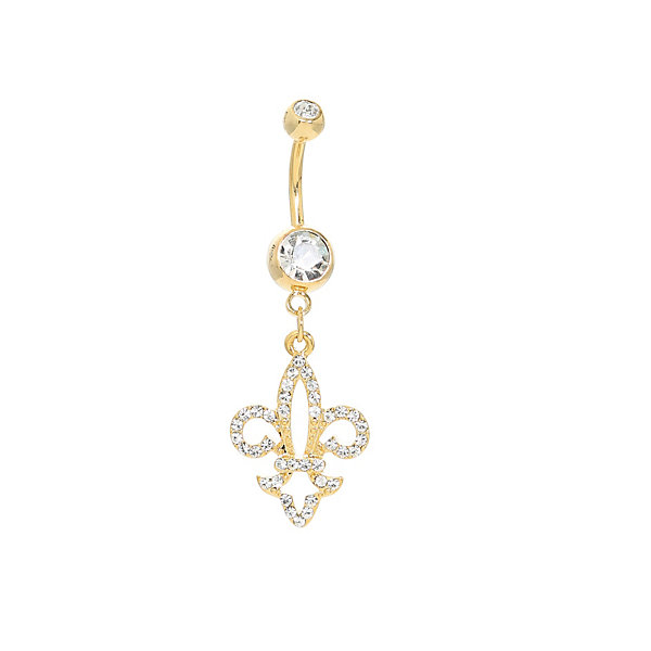 Gold Plated Surgical Steel 14 Gauge Belly Ring with Fleur De Lis Drop