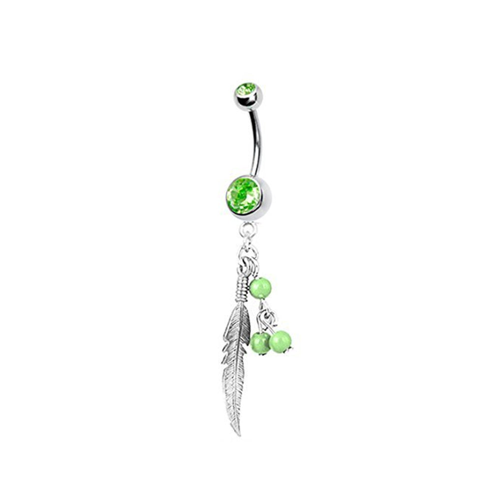 Surgical Steel 14 Gauge Dangle Belly Ring with Leaf Balls Green CZ