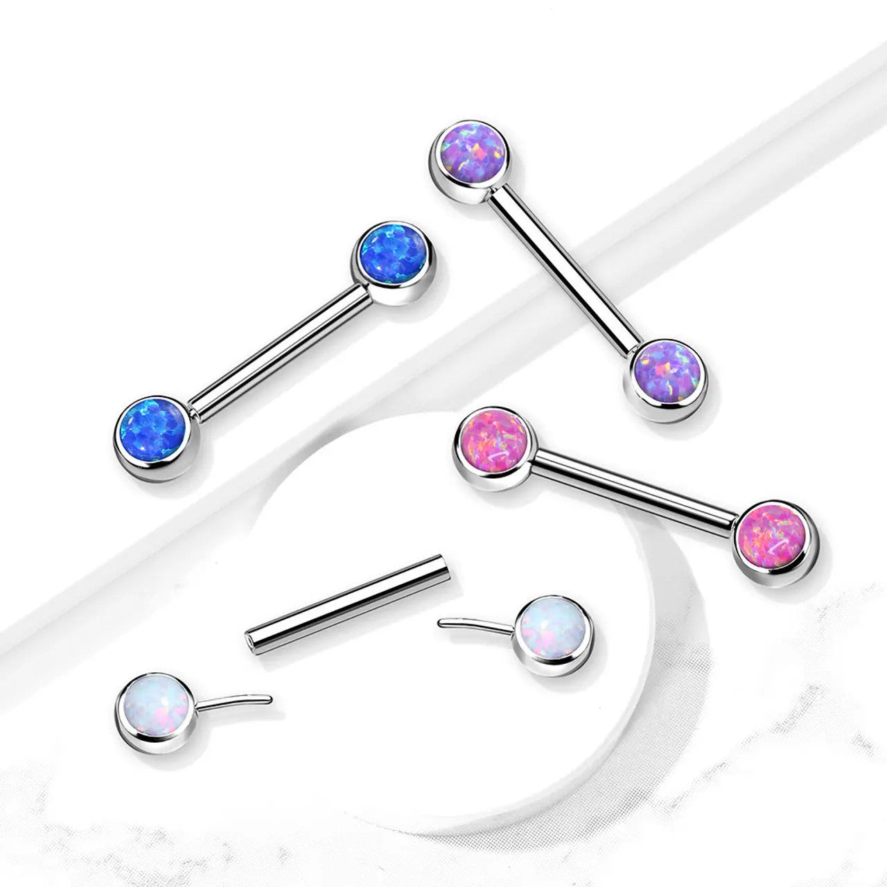 Titanium Threadless Nipple Ring Barbell 14 Gauge With Front Round Opal