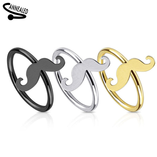 Surgical Steel Nose Ring 20 Gauge Bendable Hoop With Mustache - 3 Pack