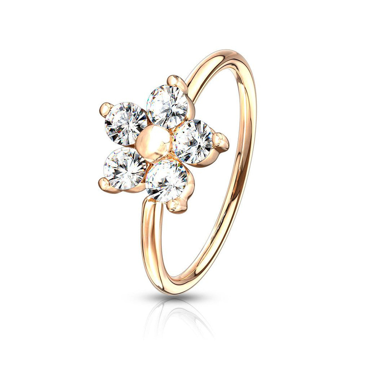 14 Karat Gold Plated Bendable Hoop Nose Ring 20 Gauge & CZ Flower Top